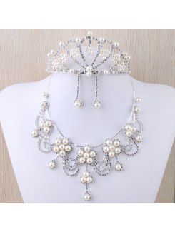 Alloy with Rhinestones and Pearls Wedding Jewelry Set,Including Earrings,Necklace and Tiara