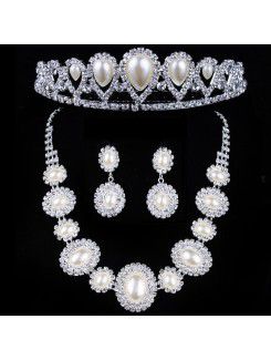 Pearls and Rhinestones Wedding Jewelry Set with Earrings,Necklace and Tiara