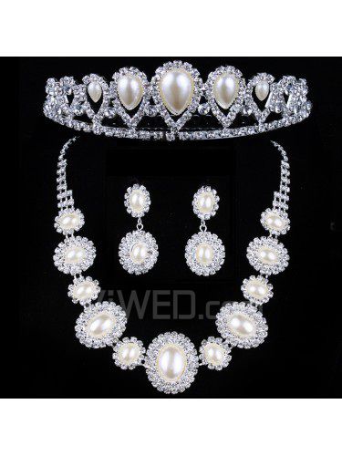 Pearls and Rhinestones Wedding Jewelry Set with Earrings,Necklace and Tiara