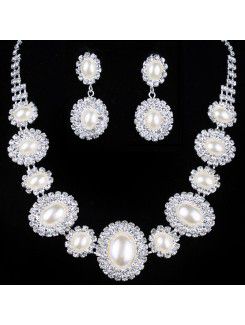 Pearls and Rhinestones Wedding Jewelry Set with Earrings,Necklace and Tiara