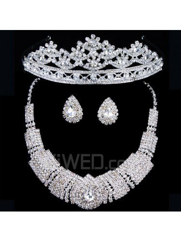 Lindo conjunto de jóias de casamento-strass com brincos da liga , colar e capacete