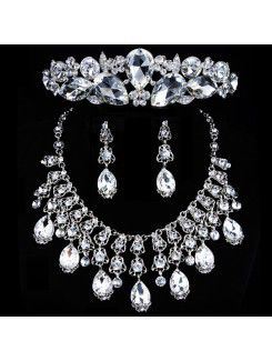 Luksuriøse rhinestones og zircons med glas bryllup smykker sæt med øreringe, halskæde og tiara