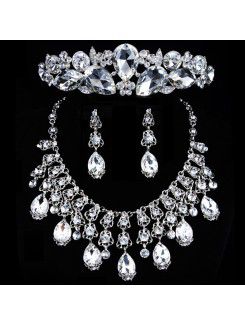 Luxurious Rhinestones and Zircons with Glass Wedding Jewelry Set with Earring,Necklace and Tiara