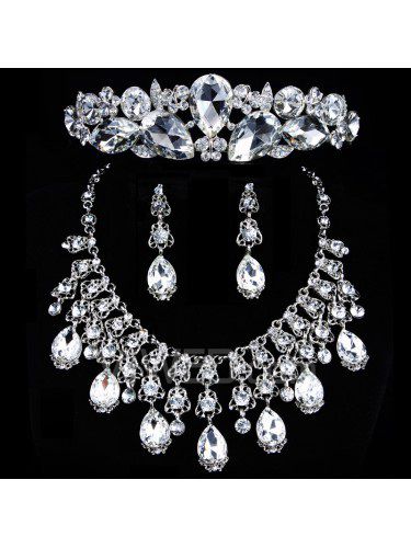 Strass luxo e zircões com jóias de casamento de vidro conjunto com brinco, colar e tiara