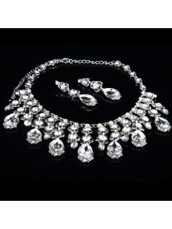 Luxurious Rhinestones and Zircons with Glass Wedding Jewelry Set with Earring,Necklace and Tiara