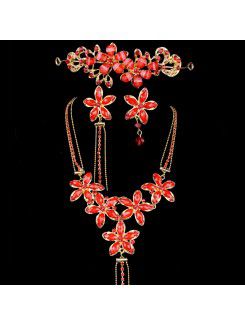 Beauitful Flower Zircons and Rhinestones Wedding Jewelry Set with Earring,Necklace and Headpiece