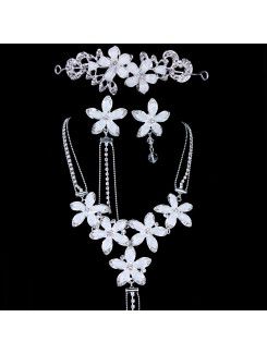 Beauitful Flower Zircons and Rhinestones Wedding Jewelry Set with Earring,Necklace and Headpiece