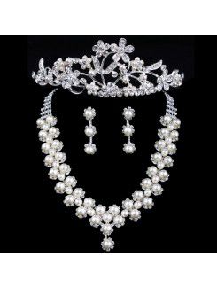 Vackra strass och pärlor med legering pläterad bröllop smycken set , inklusive örhängen , halsband och huvudbonad