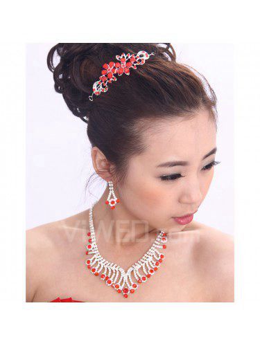 Rhinestones rojos beauitful y circonitas con joyería de la boda de cristal engastado con aretes, collar y tiara