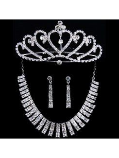 Bruiloft sieraden set-ketting, oorbellen en tiara met strass en legering verzilverd