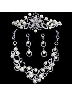 New Style Alloy with Pearls and Rhinestones Wedding Jewelry, Set Including Necklace,Earrings and Headpiece