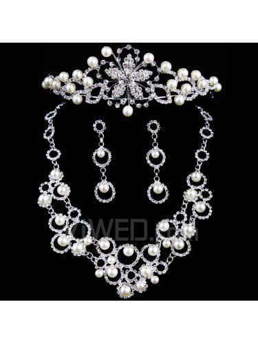 New Style Alloy with Pearls and Rhinestones Wedding Jewelry, Set Including Necklace,Earrings and Headpiece