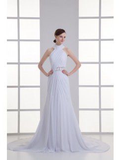 Chiffon High Collar Column Sweep train Sash Wedding Dress