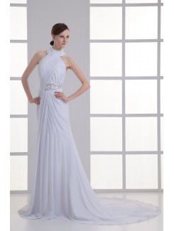 Chiffon High Collar Column Sweep train Sash Wedding Dress