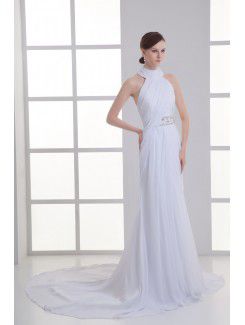 Chiffon High Collar Column Sweep train Sash Wedding Dress