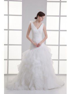 Organza V-Neckline Sheath Sweep train Hamd-made Flower Wedding Dress