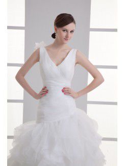 Organza V-Neckline Sheath Sweep train Hamd-made Flower Wedding Dress