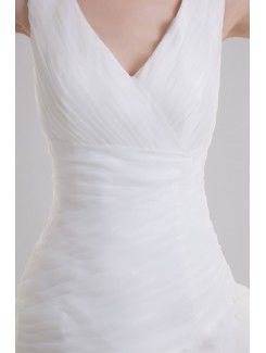 Organza V-Neckline Sheath Sweep train Hamd-made Flower Wedding Dress