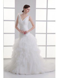 Organza V-Neckline Sheath Sweep train Hamd-made Flower Wedding Dress