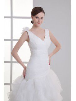 Organza V-Neckline Sheath Sweep train Hamd-made Flower Wedding Dress