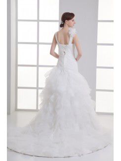 Organza V-Neckline Sheath Sweep train Hamd-made Flower Wedding Dress