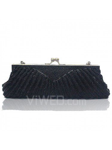 Satin Surface Black Bead Evening Handbag H-0733