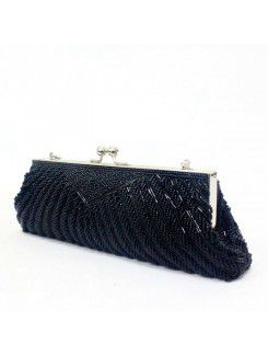 Satin Surface Black Bead Evening Handbag H-0733