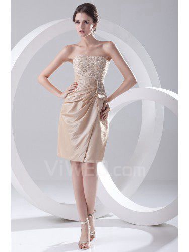 Taffeta Strapless Sheath Kneee Length Embroidered Cocktail Dress