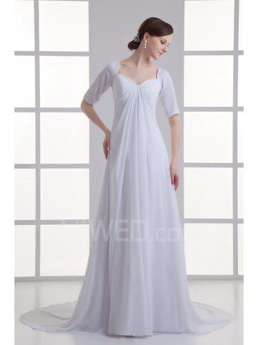 Chiffon coluna querida varrer trem metade mangas vestido de noiva