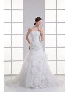 Organza strapless schede sweep trein kraal trouwjurk