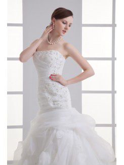 Organza Strapless Sheath Sweep train Bead Wedding Dress