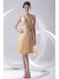 Satin und netz v-ausschnitt a-line kurzen schärpe cocktail-kleid