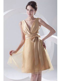 Satin and Net V-Neckline A-line Short Sash Cocktail Dress