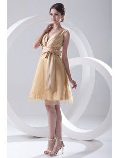 Satin and Net V-Neckline A-line Short Sash Cocktail Dress