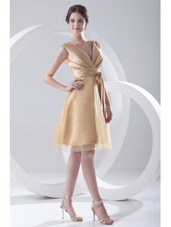 Satin and Net V-Neckline A-line Short Sash Cocktail Dress