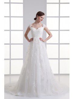 Organza Sweetheart Sheath Sweep Train Cap Sleeves Wedding Dress