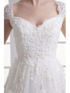 Organza Sweetheart Sheath Sweep Train Cap Sleeves Wedding Dress