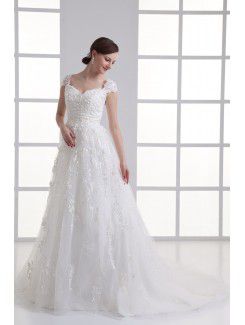 Organza Sweetheart Sheath Sweep Train Cap Sleeves Wedding Dress