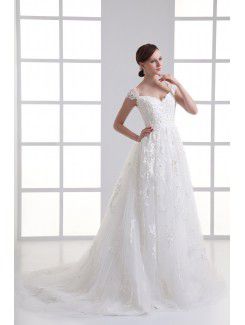 Organza Sweetheart Sheath Sweep Train Cap Sleeves Wedding Dress