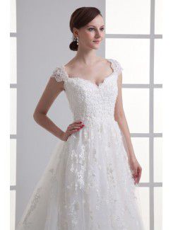 Organza Sweetheart Sheath Sweep Train Cap Sleeves Wedding Dress