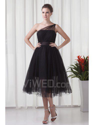 Net and Satin Asymmetrical A-line Tea-Length Sash Cocktail Dress