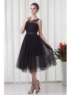 Net and Satin Asymmetrical A-line Tea-Length Sash Cocktail Dress