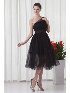 Net and Satin Asymmetrical A-line Tea-Length Sash Cocktail Dress