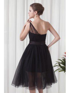 Net and Satin Asymmetrical A-line Tea-Length Sash Cocktail Dress