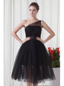 Net and Satin Asymmetrical A-line Tea-Length Sash Cocktail Dress