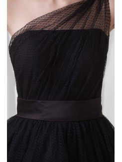 Net and Satin Asymmetrical A-line Tea-Length Sash Cocktail Dress