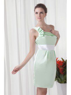 Satin One Shoulder Sheath Short Sash Cocktail Dress