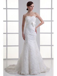 Satin and Net Sweetheart Sheath Sweep Train Embroidered Wedding Dress