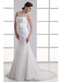 Satin and Net Sweetheart Sheath Sweep Train Embroidered Wedding Dress