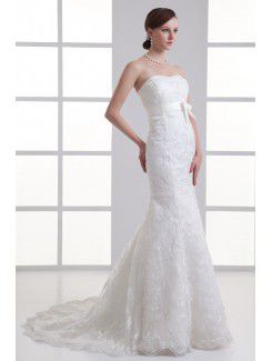 Satin and Net Sweetheart Sheath Sweep Train Embroidered Wedding Dress